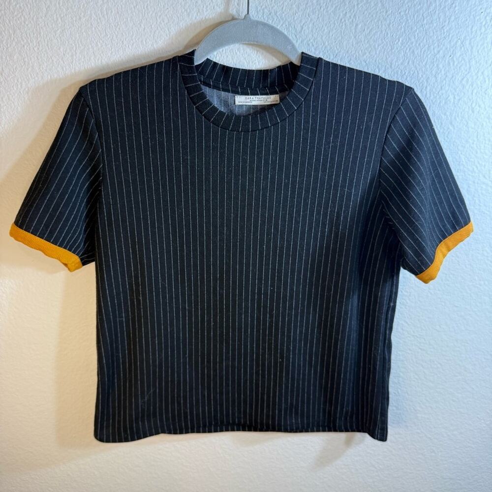 ZARA Black Pinstripe T-Shirt with Orange Accents